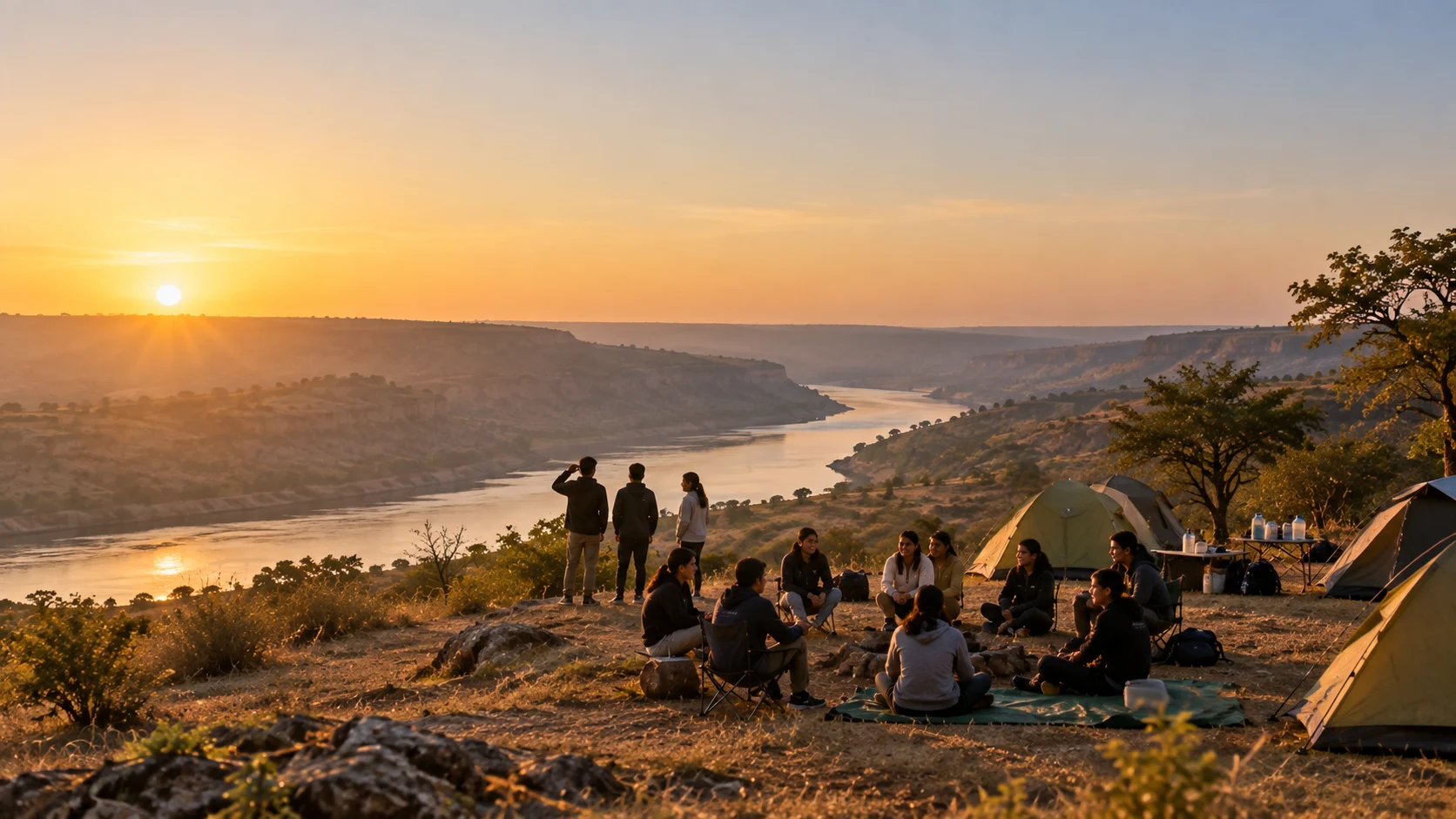 Students at a Chambal ridge camp at sunset