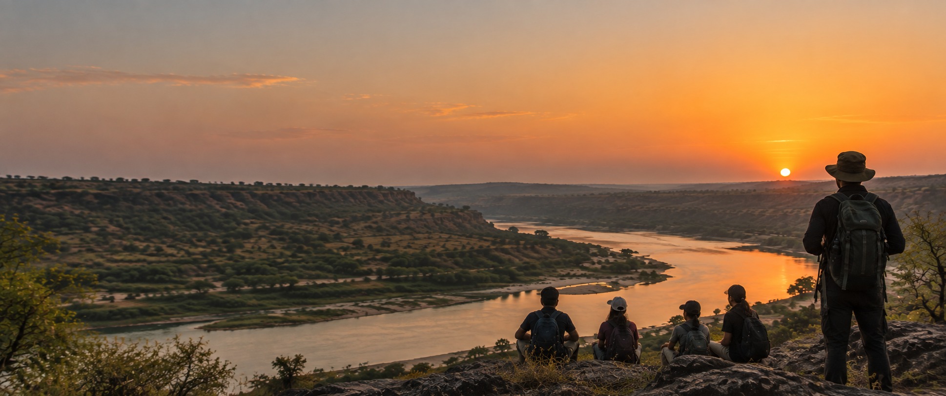Expedition group and their leader watching sunrise over the river gorge